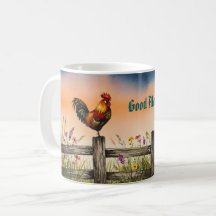 Beautiful Rooster on Fence and Wildflowers Mug