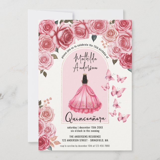 Beautiful Rose Gold Floral Princess Quinceanera  Invitation (Front)