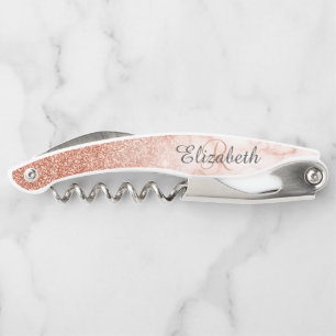 Beautiful Rose Gold Marble Monogram Glitter Corkscrew