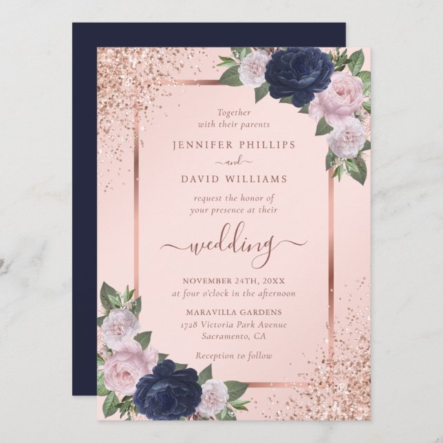 Beautiful Rose Gold Navy Blue Blush Floral Wedding Invitation (Front/Back)