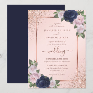 Beautiful Rose Gold Navy Blue Blush Floral Wedding Invitation