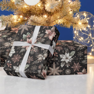 Beautiful Rose Gold Snowflakes and Poinsettias  Wrapping Paper