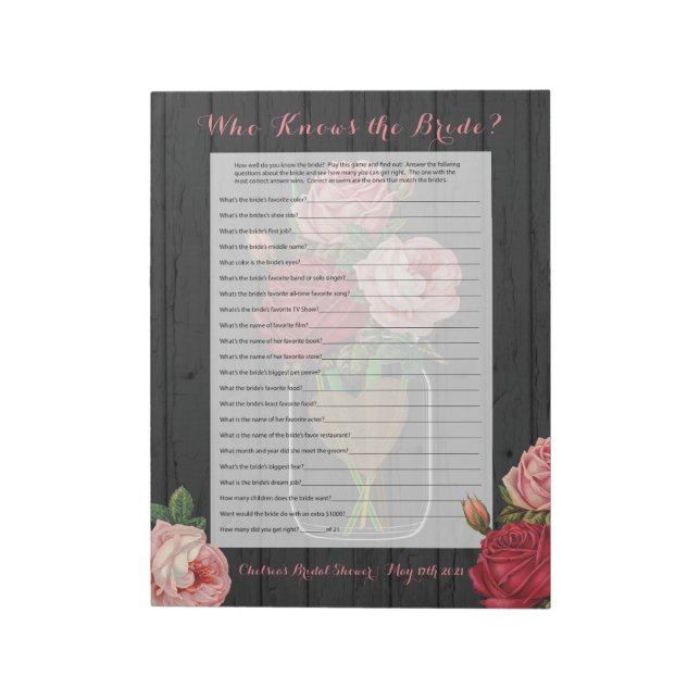 Beautiful Rose Mason Jar Bridal Shower Game 2 Notepad (Rotated)