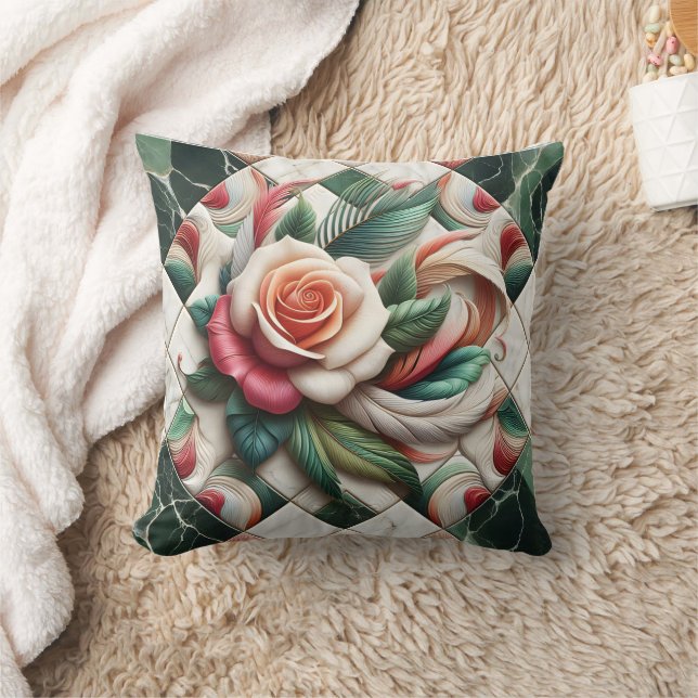 Beautiful Rose Mosaic Art With Colourful Leaves Cushion (Blanket)