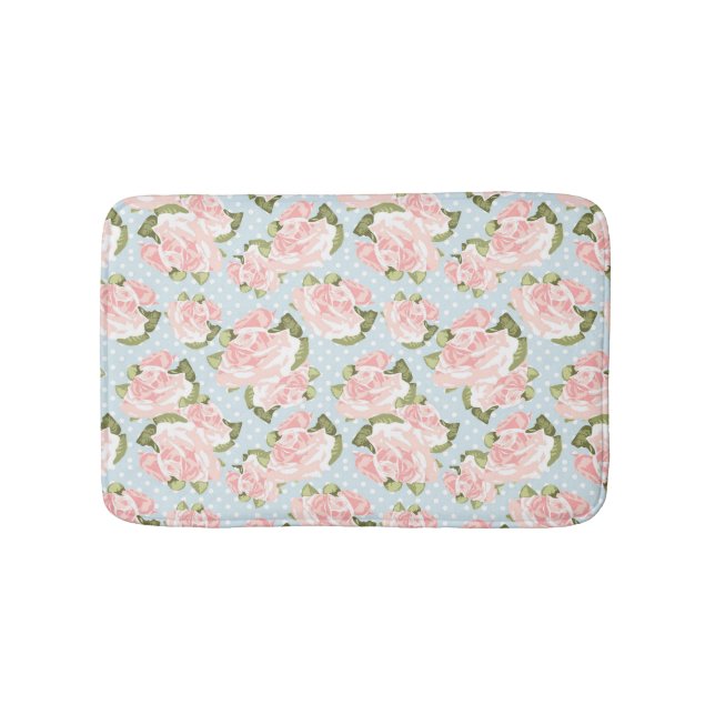 Beautiful rose pattern with blue polka dots bath mat (Front)