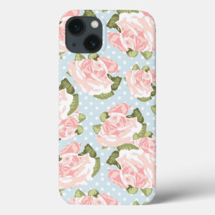 Beautiful rose pattern with blue polka dots iPhone 13 case