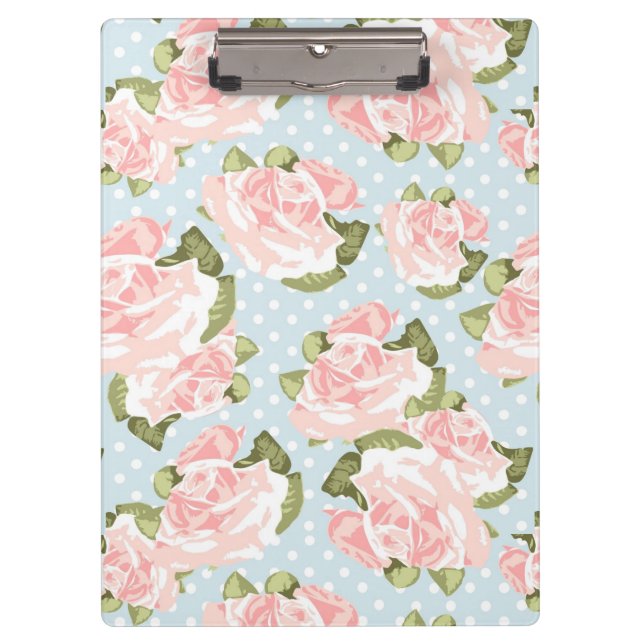 Beautiful rose pattern with blue polka dots clipboard (Front)