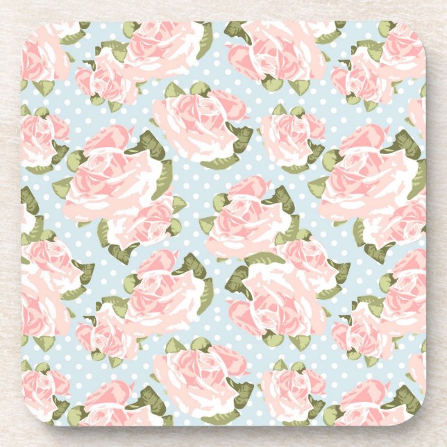 Beautiful rose pattern with blue polka dots coaster (Front)