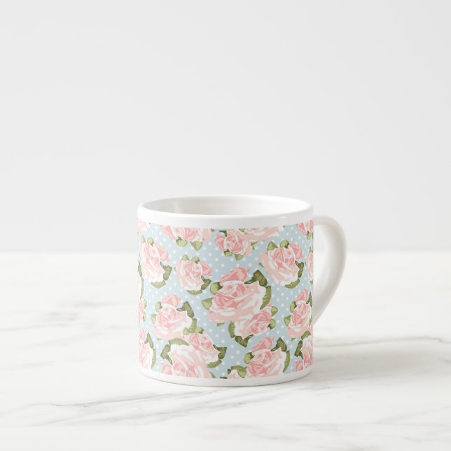 Beautiful rose pattern with blue polka dots espresso cup (Front Right)