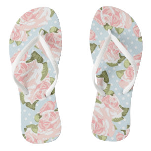 Beautiful rose pattern with blue polka dots flip flops