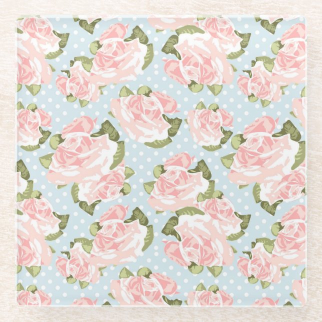 Beautiful rose pattern with blue polka dots glass coaster (Front)