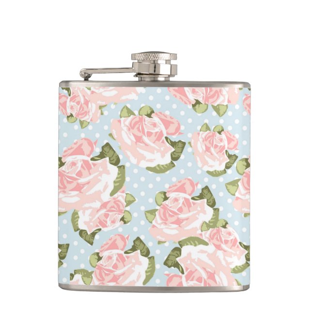 Beautiful rose pattern with blue polka dots hip flask (Front)