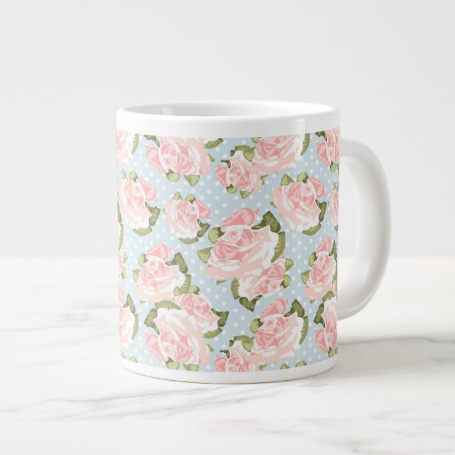 Beautiful rose pattern with blue polka dots large coffee mug (Front Right)