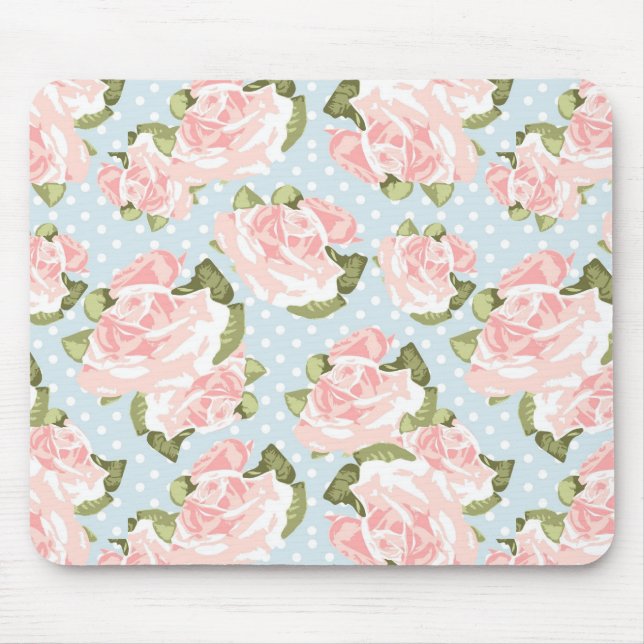 Beautiful rose pattern with blue polka dots mouse mat (Front)