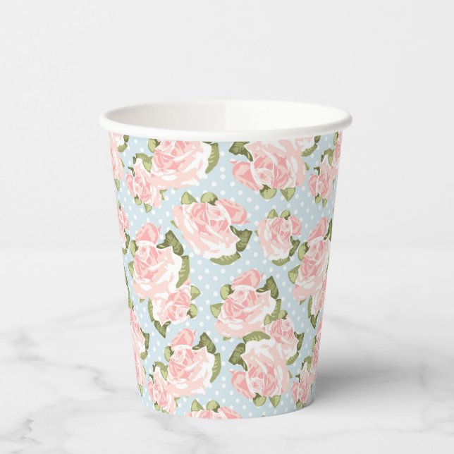 Beautiful rose pattern with blue polka dots paper cups (Left)