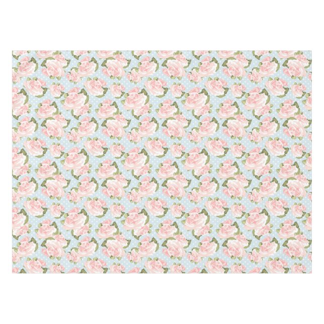 Beautiful rose pattern with blue polka dots tablecloth (Front (Horizontal))