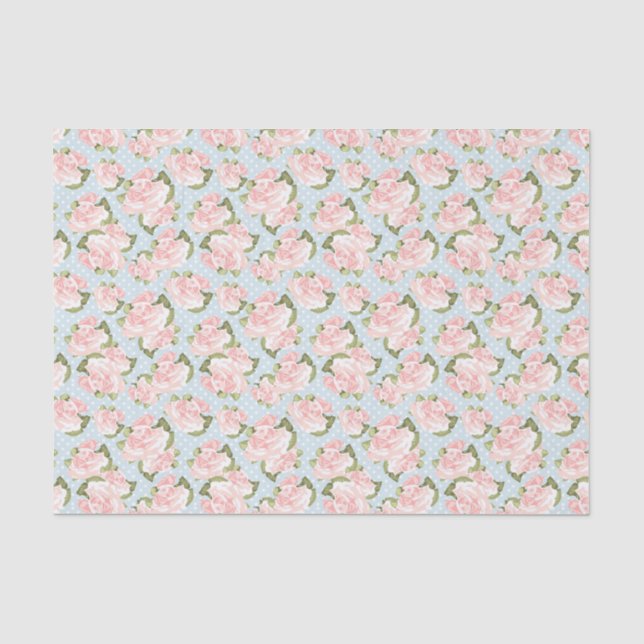 Beautiful rose pattern with blue polka dots tissue paper (Front)
