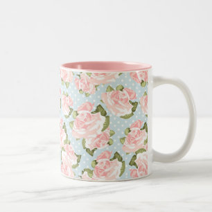 Beautiful rose pattern with blue polka dots Two-Tone coffee mug
