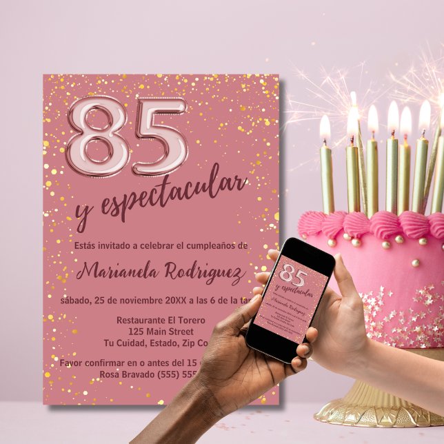 Beautiful Rose Pink Gold 85th Birthday Spanish Invitation (Creator Uploaded)
