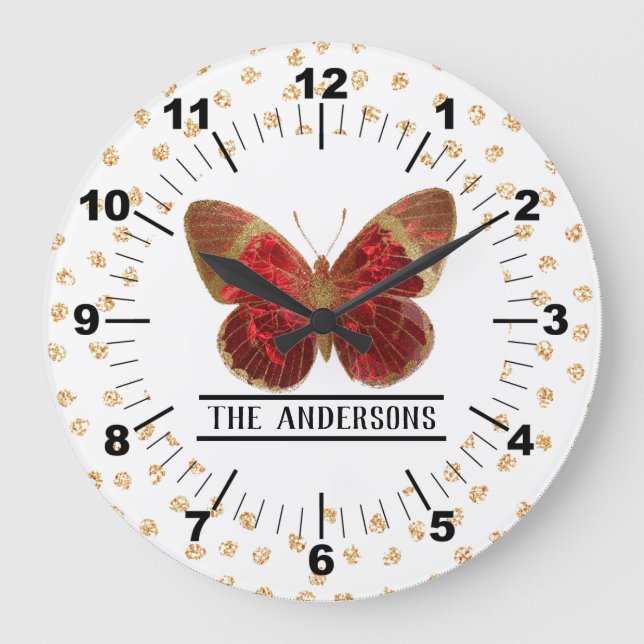 Beautiful Rose Red & Gold Butterfly Large Clock (Front)