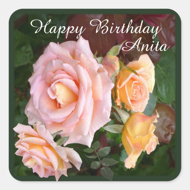 Beautiful Roses Customizable Birthday Square Sticker (Front)