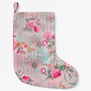 Beautiful roses on vintage paper texture illustrat small christmas stocking
