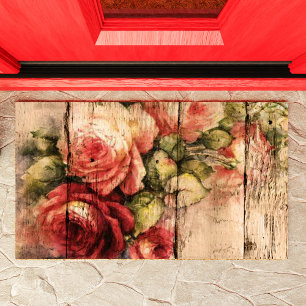 Beautiful Roses Painted on Rustic Wood Doormat