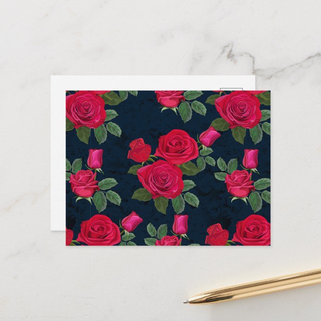 Beautiful Roses Postcard (A vibrant floral pattern featuring red and pink roses against a dark navy background!)