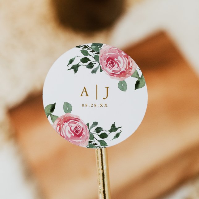 Beautiful Roses with Monogram and Wedding Date Classic Round Sticker (Creator Uploaded)
