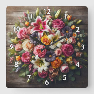 Beautiful Round Floral Image on Wood Planks Square Wall Clock