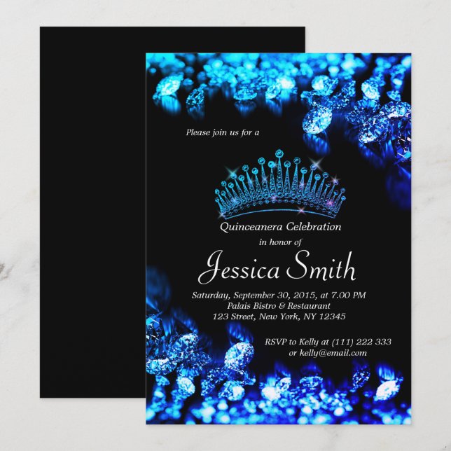 Beautiful Royal Blue Diamond Quinceañera Invite (Front/Back)