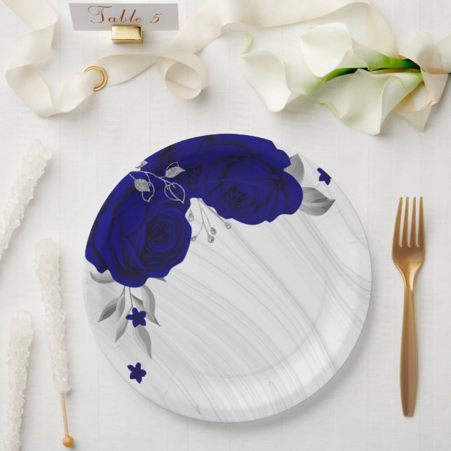 Beautiful royal blue flowers silver grey marble paper plate (Wedding)