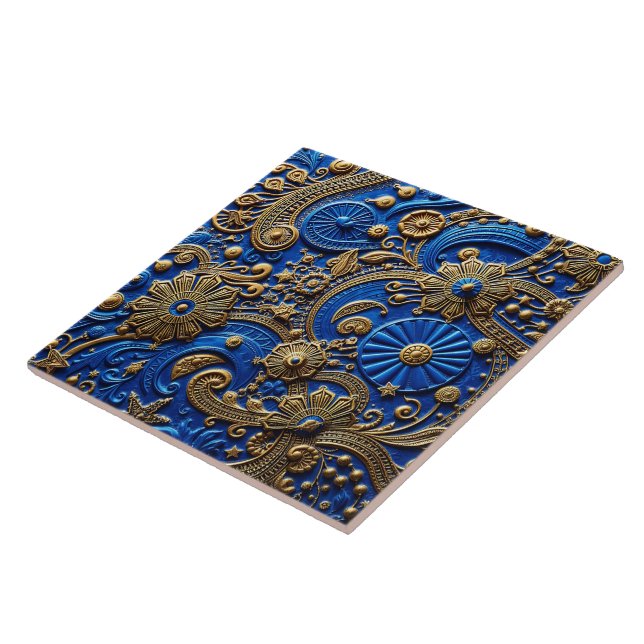 Beautiful Royal Blue & Gold Floral Abstract Tile (Side)
