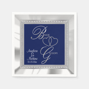 Beautiful Royal Blue, Silver & White Satin Wedding Napkin