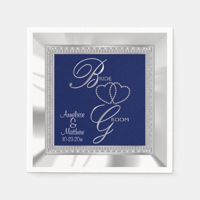 Beautiful Royal Blue, Silver & White Satin Wedding Napkin (Front)