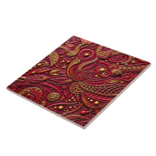 Beautiful Ruby Red & Gold Floral Abstract Tile