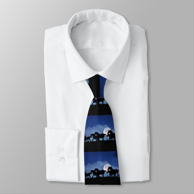 Beautiful Running Horses and Moon Blue Tie (Tied)