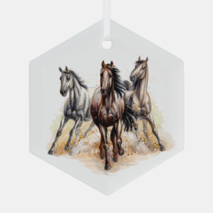 Beautiful Running Wild Horses Watercolor Art Glass Tree Decoration