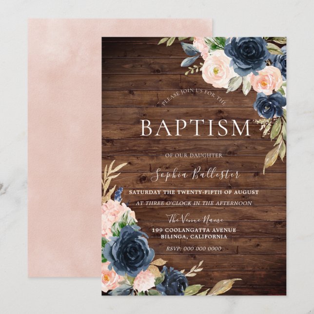 Beautiful Rustic Blush Navy Flowers Girls Baptism Invitation (Front/Back)