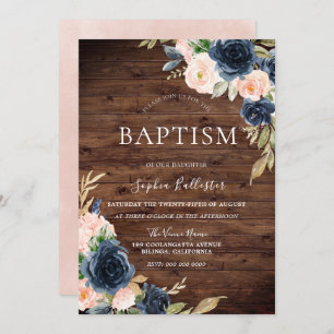 Beautiful Rustic Blush Navy Flowers Girls Baptism Invitation