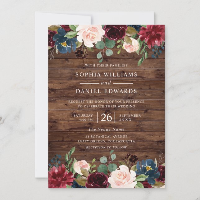 Beautiful Rustic Burgundy Blush Floral Wedding Invitation (Front)