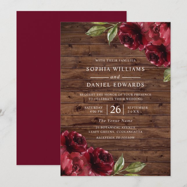 Beautiful Rustic Burgundy Red Flowers Wedding Invitation (Front/Back)