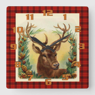 Beautiful Rustic Christmas Deer On Plaid Square Wall Clock