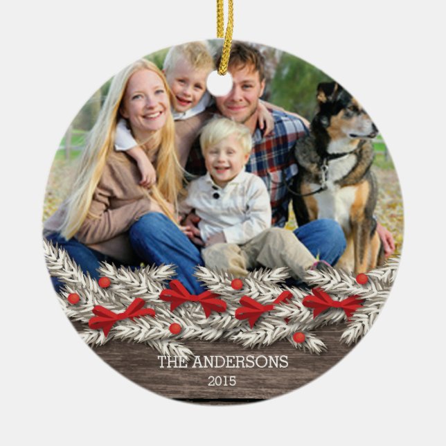 Beautiful Rustic Family Photo Christmas Ceramic Tree Decoration (Front)