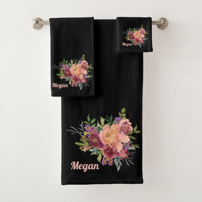 Beautiful Rustic Floral Bouquet Soft Black Bath Towel Set (Insitu)