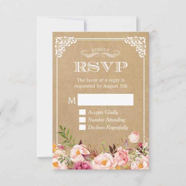 Beautiful Rustic Floral Kraft Elegant Wedding RSVP (Front)