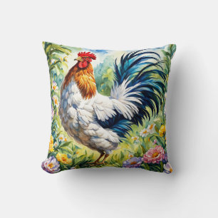 Beautiful Rustic Floral Rooster Throw Pillow