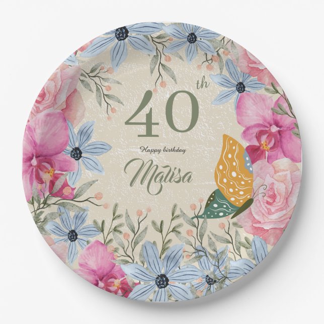 Beautiful rustic flowers 40th birthday Modern Paper Plate (Front)