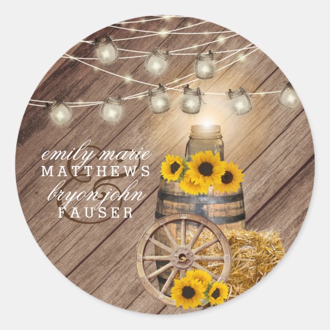 Beautiful Rustic Wood Barrel and Sunflowers Classic Round Sticker (Front)