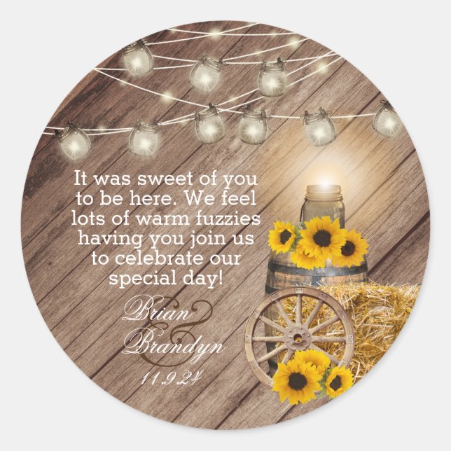 Beautiful Rustic Wood Barrel and Sunflowers Classic Round Sticker (Front)